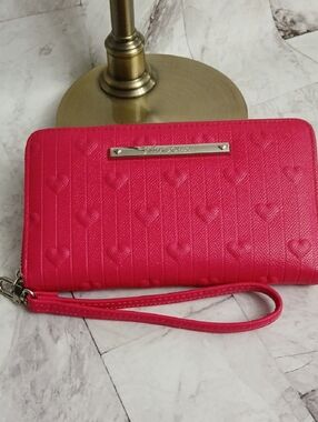 Large Bright Pink Wristlet Zippy Wallet with Heart Embossing